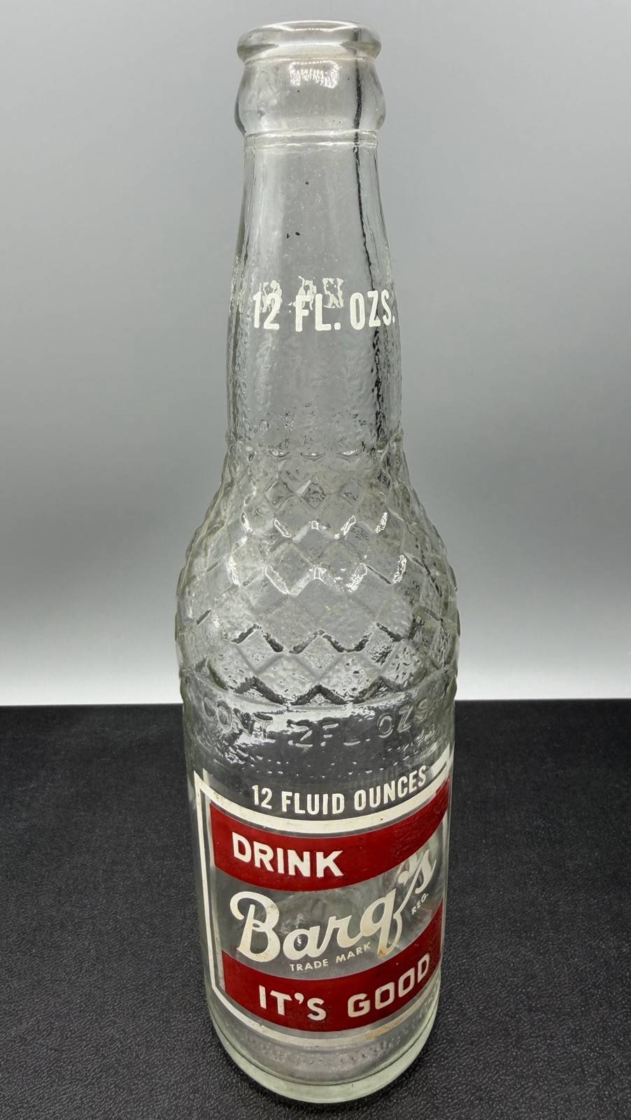 Vintage Barq’s Root Beer It’s Good Clear Bottle 12 Oz Stamped 5 77 20 Red White