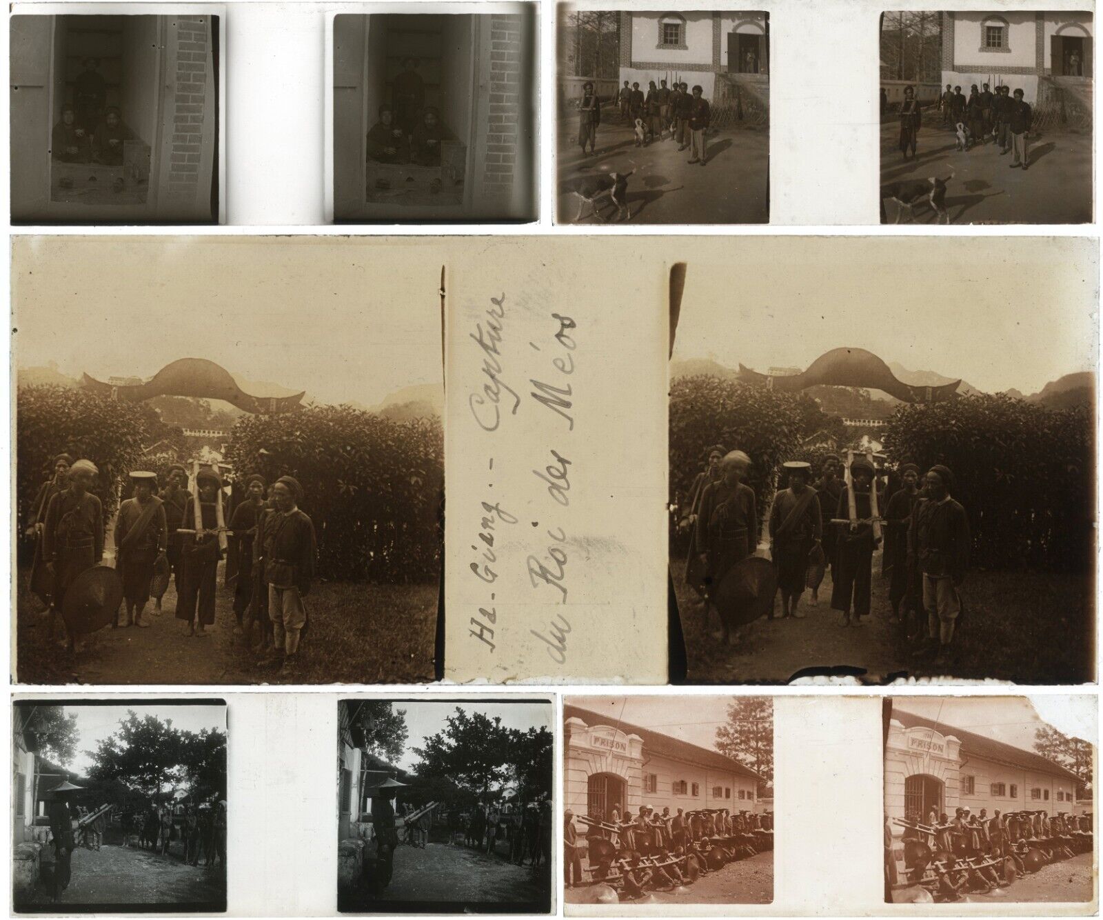 c1915 FIVE glass stereoviews PRISONERS Vietnam French Indochina KING Méos yokes