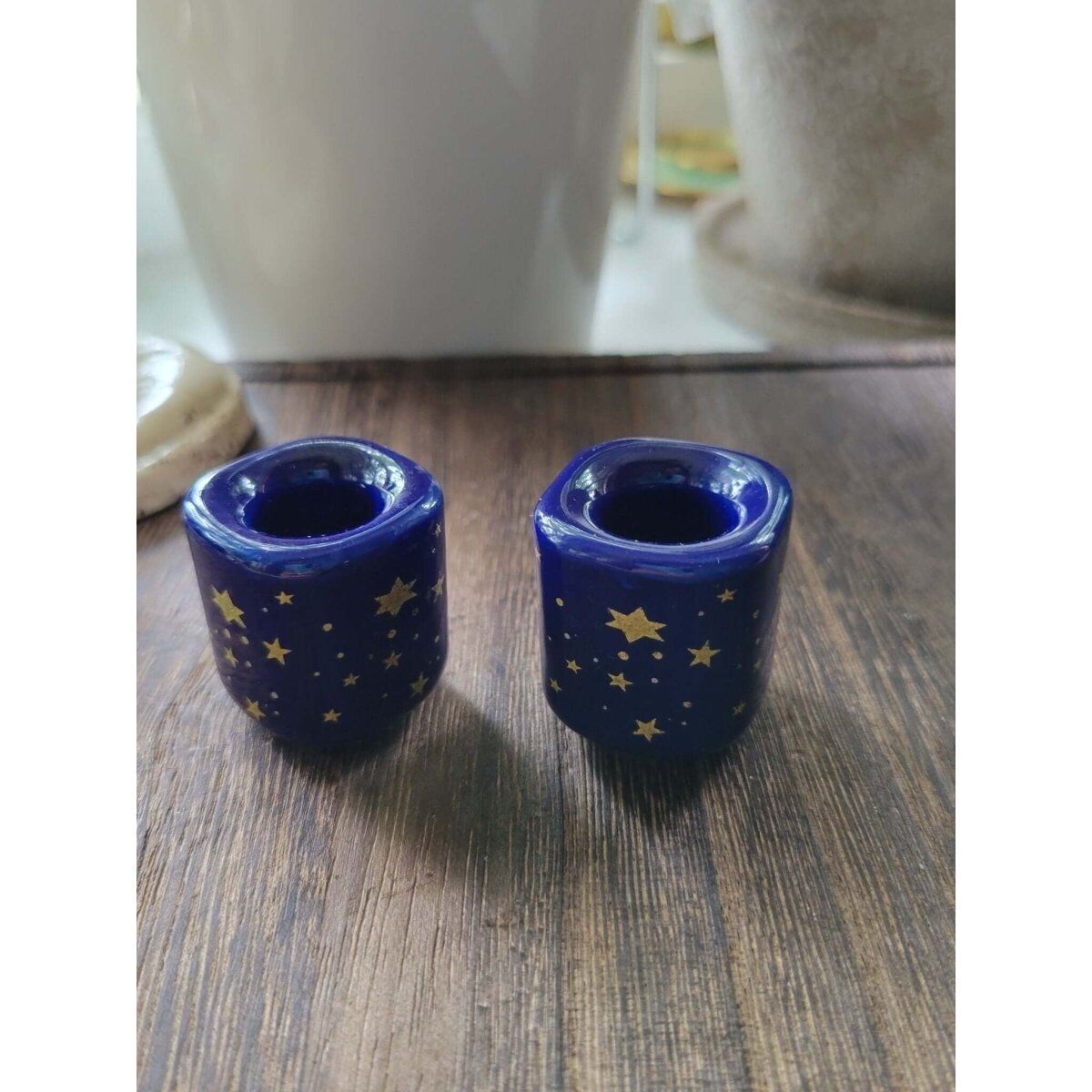 Handmade ceramic blue gold star chime holders, galaxy candle holders