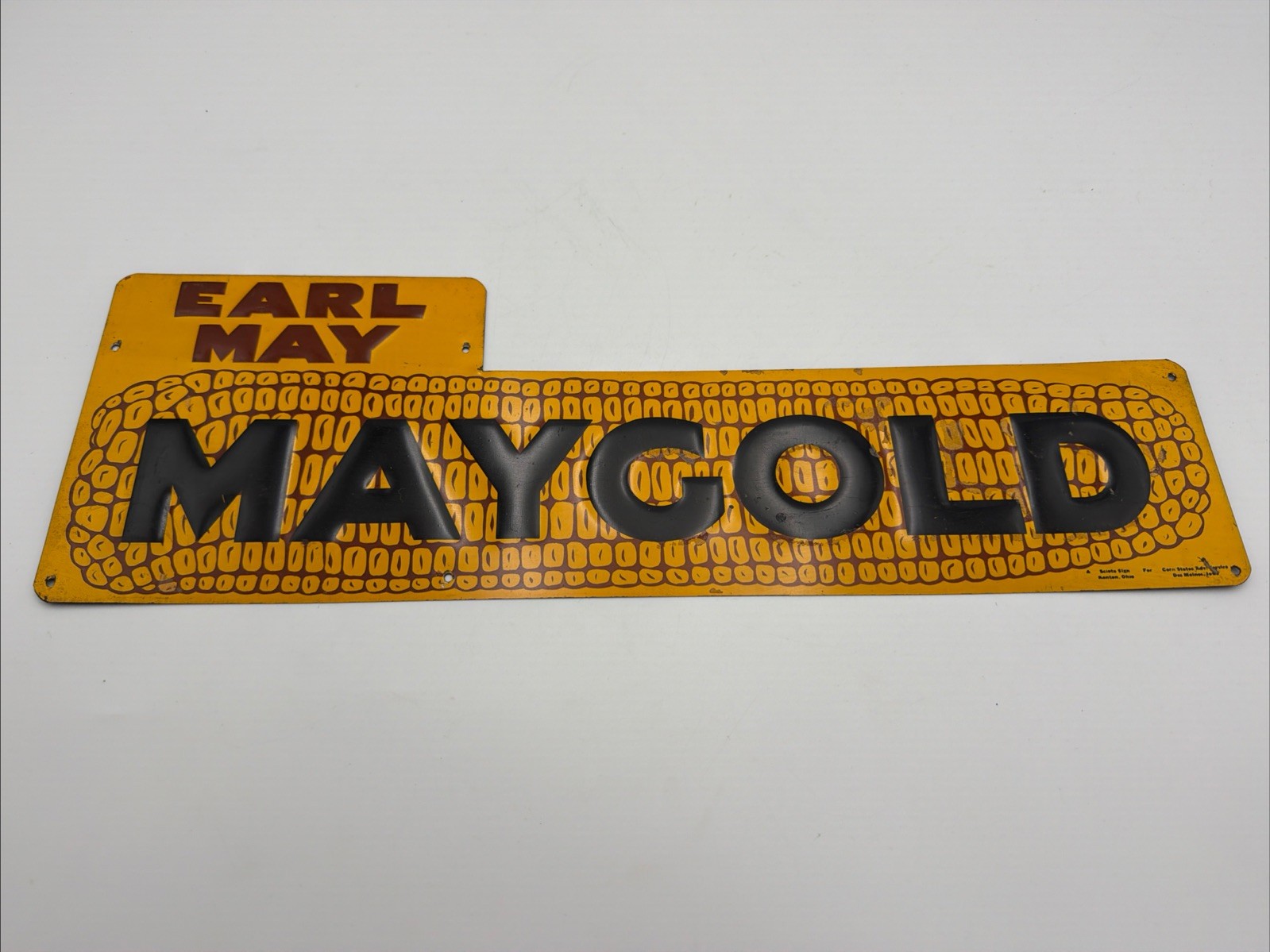 ANTIQUE NOS EARL MAY MAYGOLD HYBRID SEED CORN TIN LITHO SIGN FARM SHENANDOAH IA