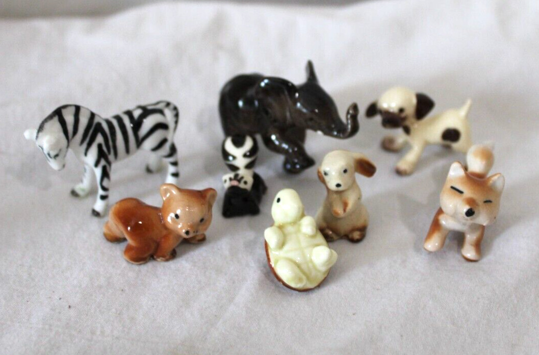 8 Miniature Porcelain Animal Figurines, Zebra, Skunk, Turtle, Fox, Bear+