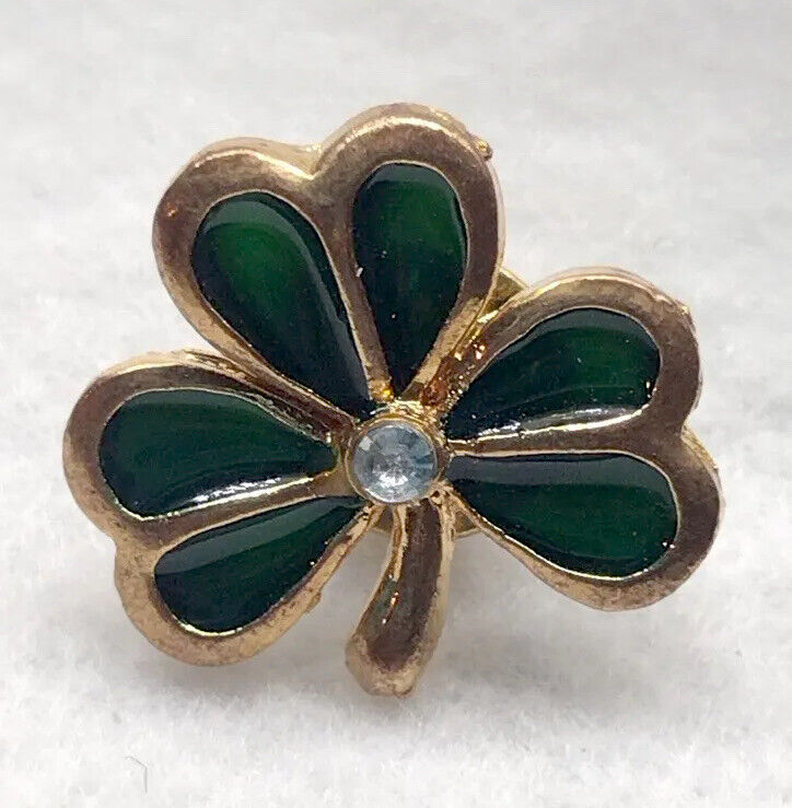 Shamrock 3 Leaf Clover Rhinestone Lapel Hat Pin Gold Color Green Jewelry Gift