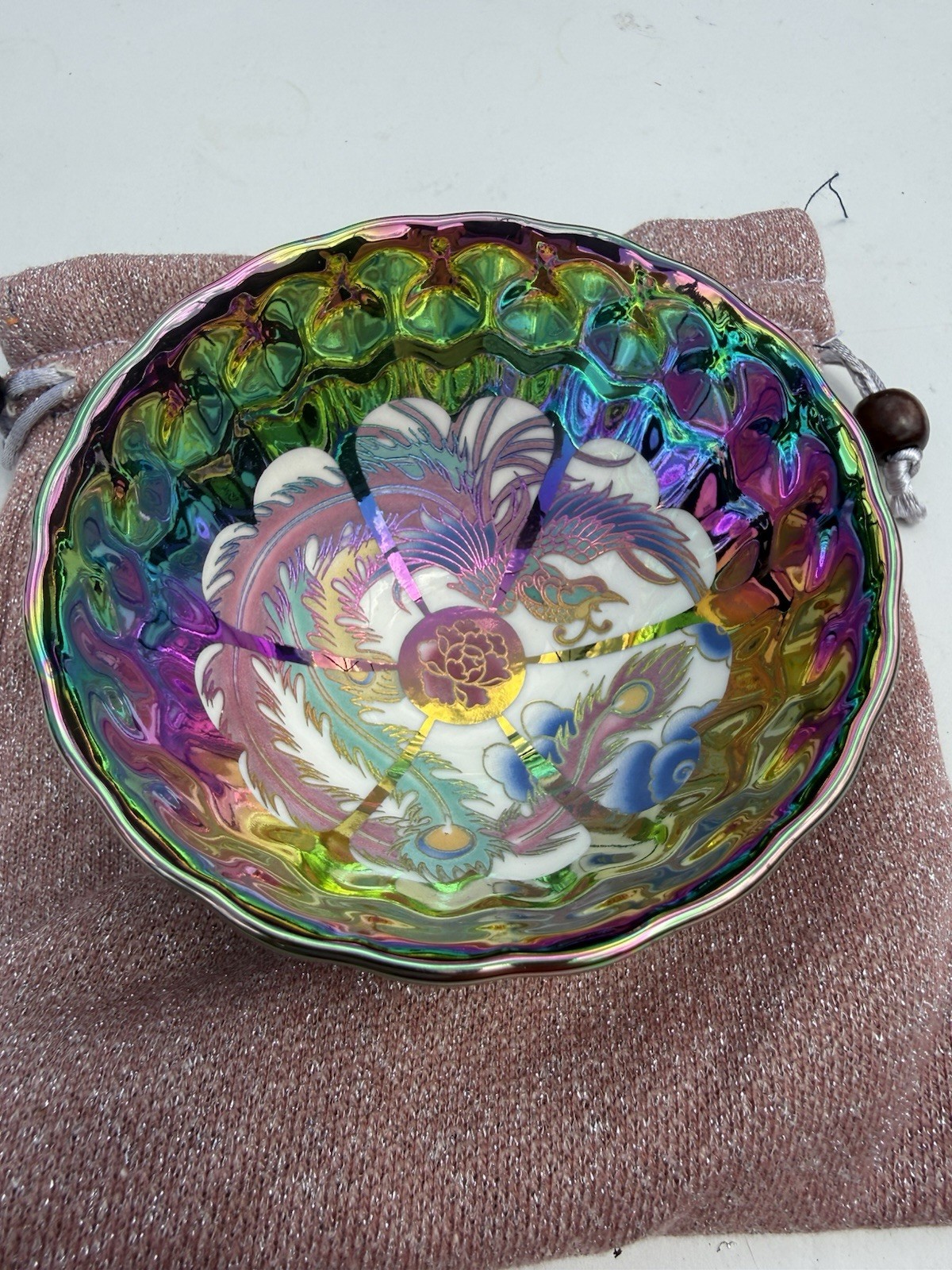 Handmade Iridescent Ceramic Tea Cup Phoenix Peacock Japanese Style w/ Pouch