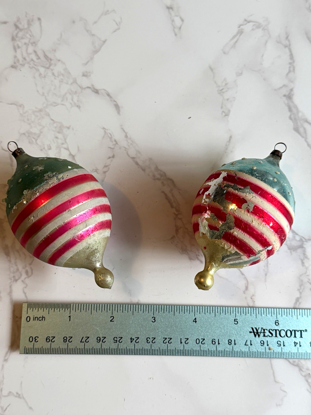 Lot of 2 Vintage Mid-Century Striped Teardrop Mercury Glass Ornaments - Distress