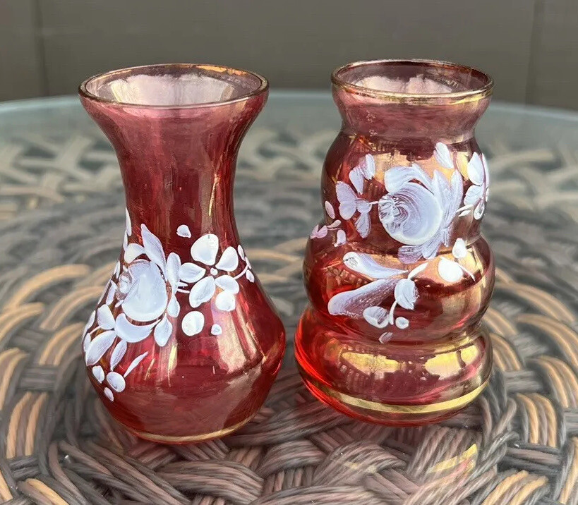 Czech Bohemian Cranberry Glass Handpainted Small Vases Gold Accents Set of 2