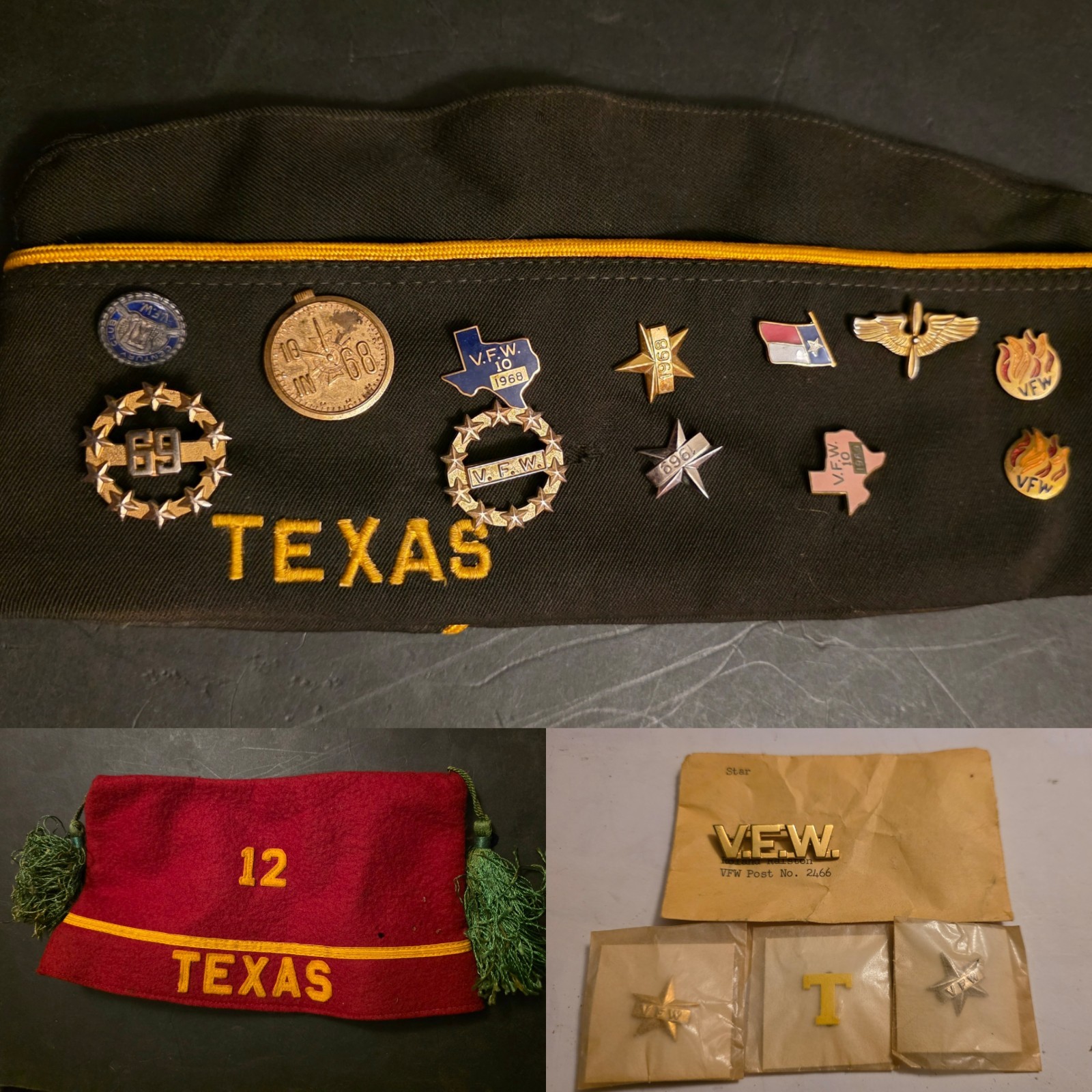 Vtg VFW Texas Veterans Cap Lot 1960s Garrison Hat Pins District 12 Fez Post 2466