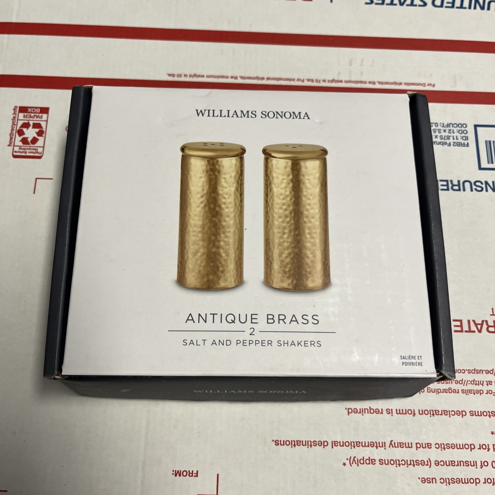 Williams Sonoma Antique Brass Salt & Pepper Shakers 3.5” Tall NIB