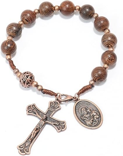 Antique Bronze Wood Beads One Decade Rosary St. Joseph Medal Chaplet
