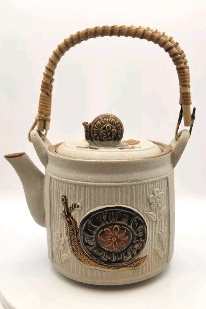 Snail Teapot VTG Stonware Bamboo Wrapped Handle