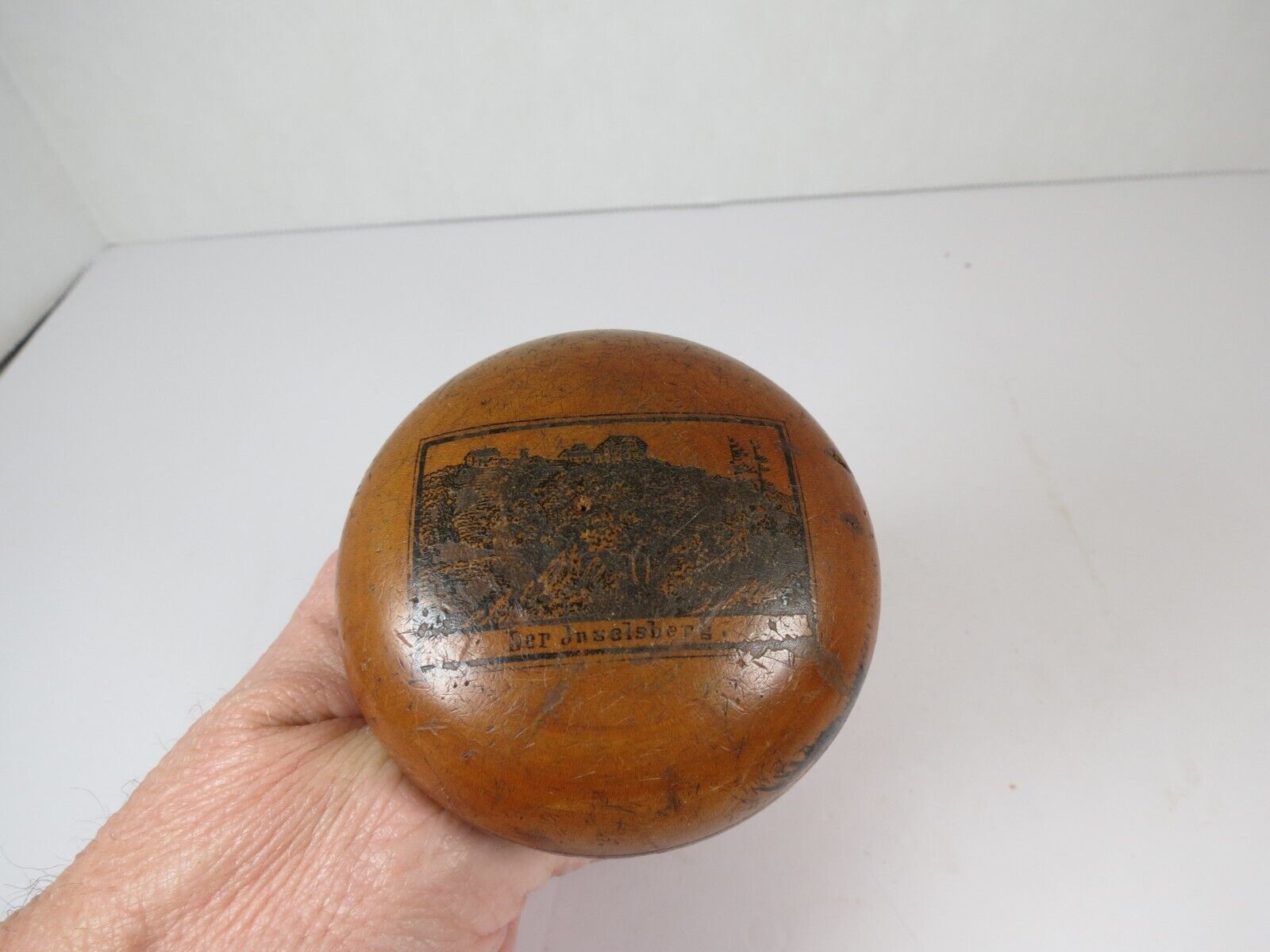 WOODEN vintage DARNING MUSHROOM sewing TOOL decorated with old rural motif