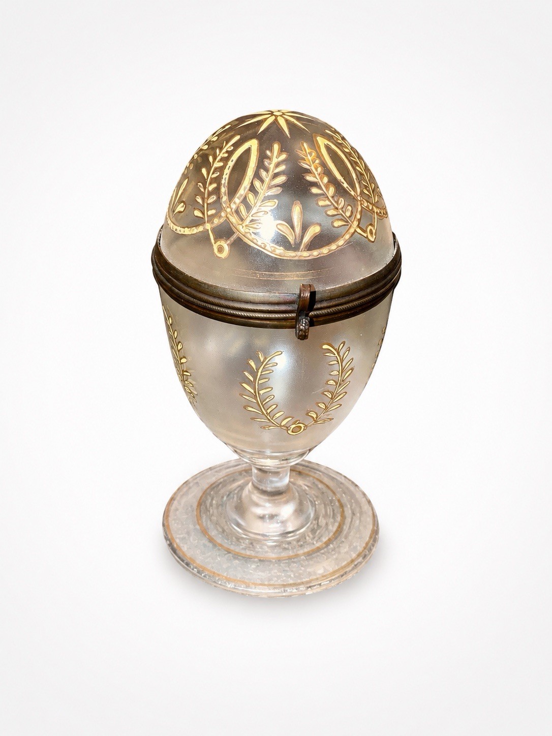 Vtg Handblown Glass Egg Hinged Vanity Box 24K Gold Oro Zecchino on Pedestal 5\
