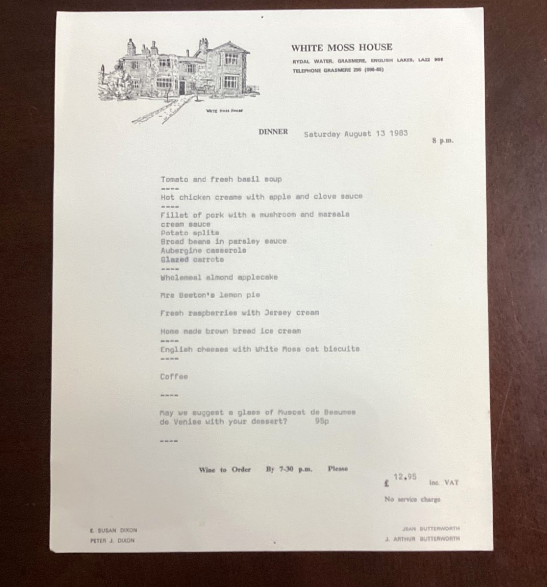 Vintage White Moss House Diner Menu Aug 13, 1983 Grasmere, English Lake District Vintage White Moss House Diner Menu Aug 13, 1983 Grasmere, English Lake District