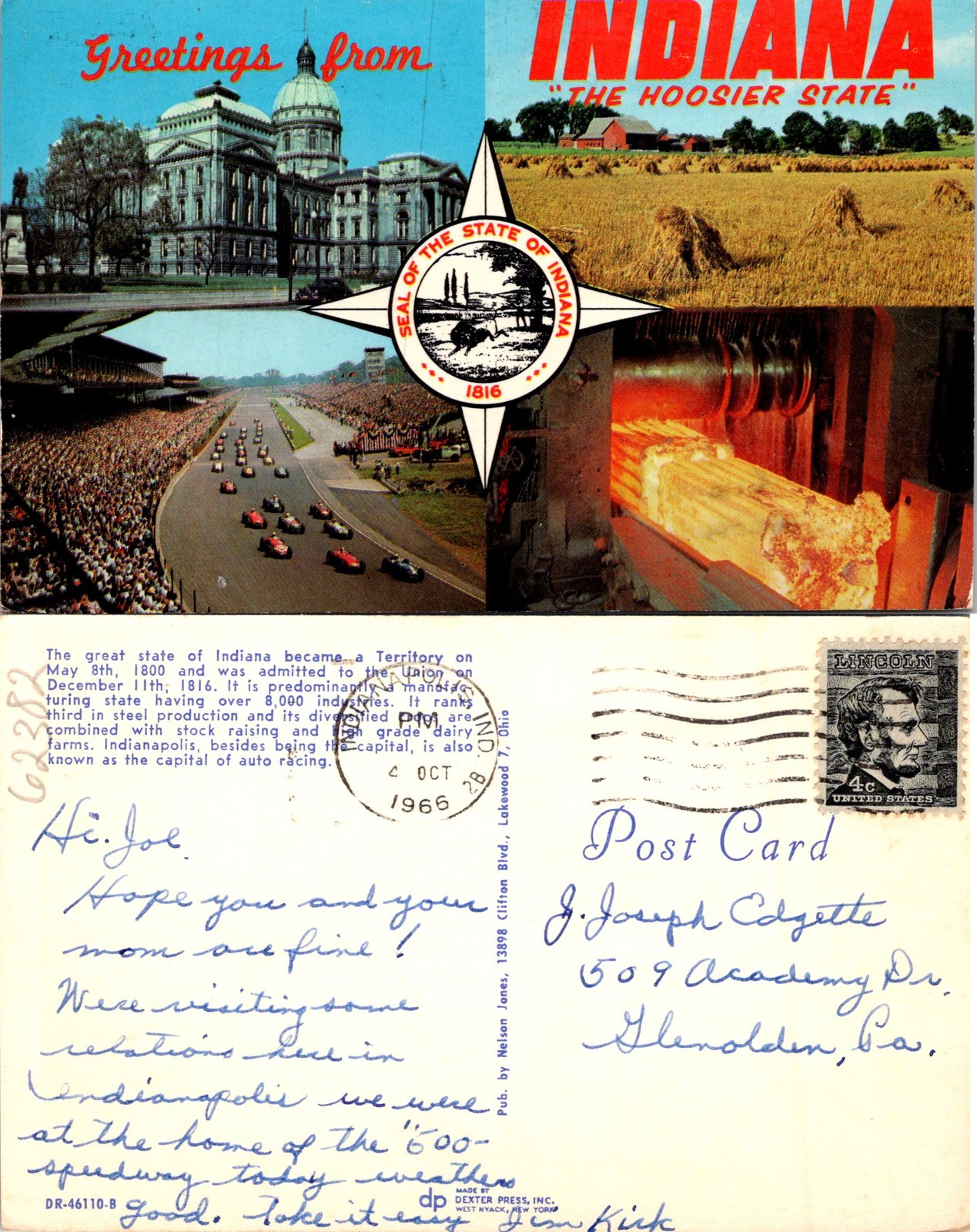 Indiana IN Hoosier State Greetings Postcard 62382