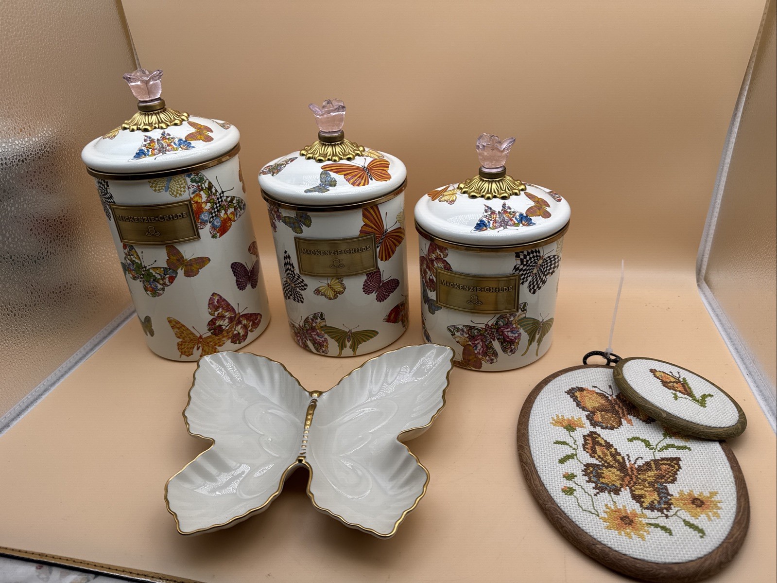 MACKENZIE-CHILD\'S BUTTERFLY GARDEN S,M,L,,THREE CANISTER SET, RETIRED, LENOX MACKENZIE-CHILD\'S BUTTERFLY GARDEN S,M,L,,THREE CANISTER SET, RETIRED, LENOX