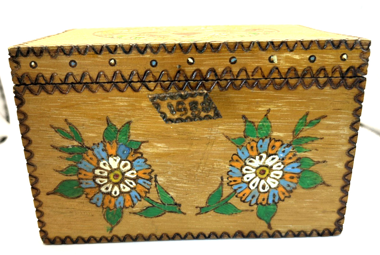 Vintage Pyrographic Wood Burned Carved Box Hand Painted Keepsake  Recipes Dated