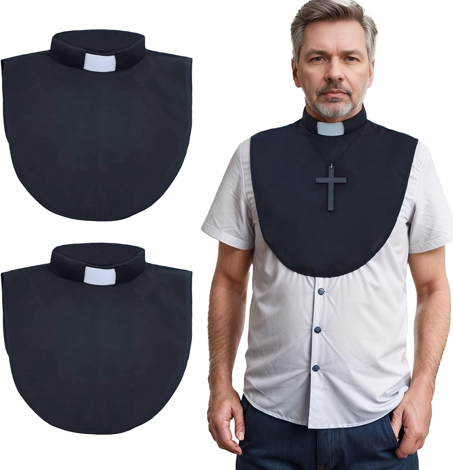 2pcs Clergy Priest Collar with White Tab Unisex Clerical Bib Black Pastor Dic...