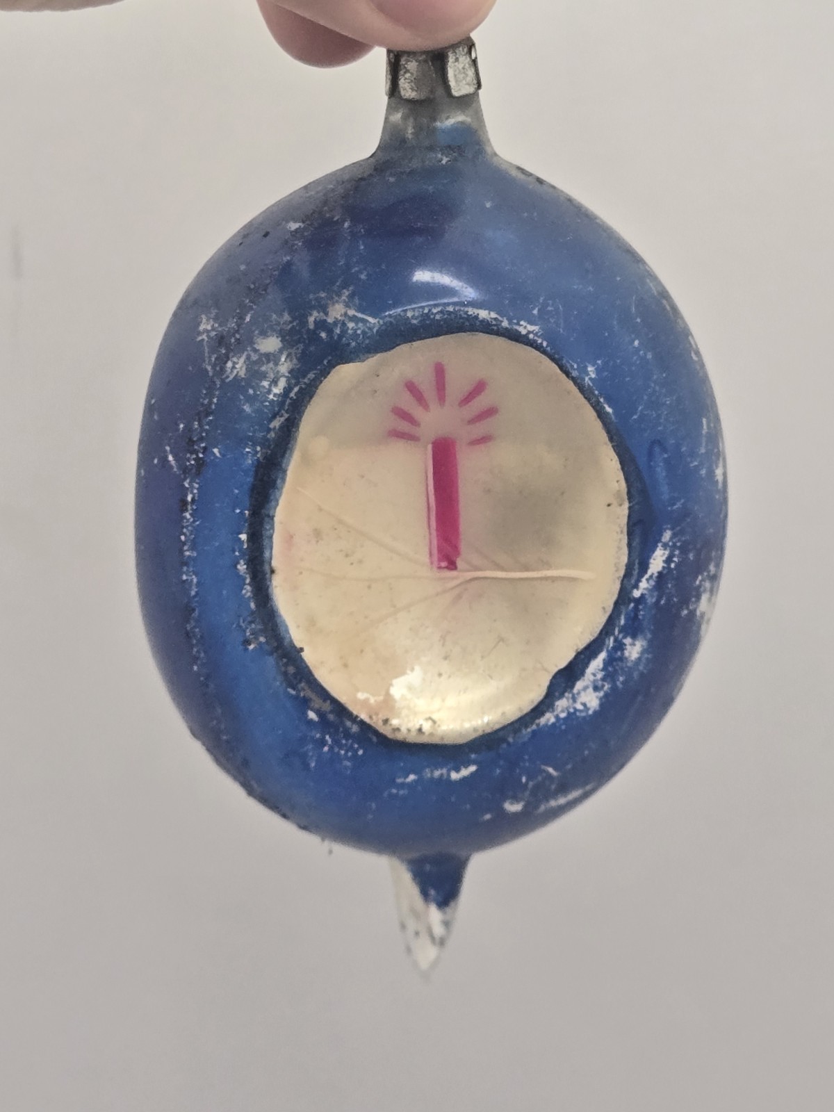 Vtg Blue Teardrop Triple Indent Painted Candle Poland Glass Christmas Ornament