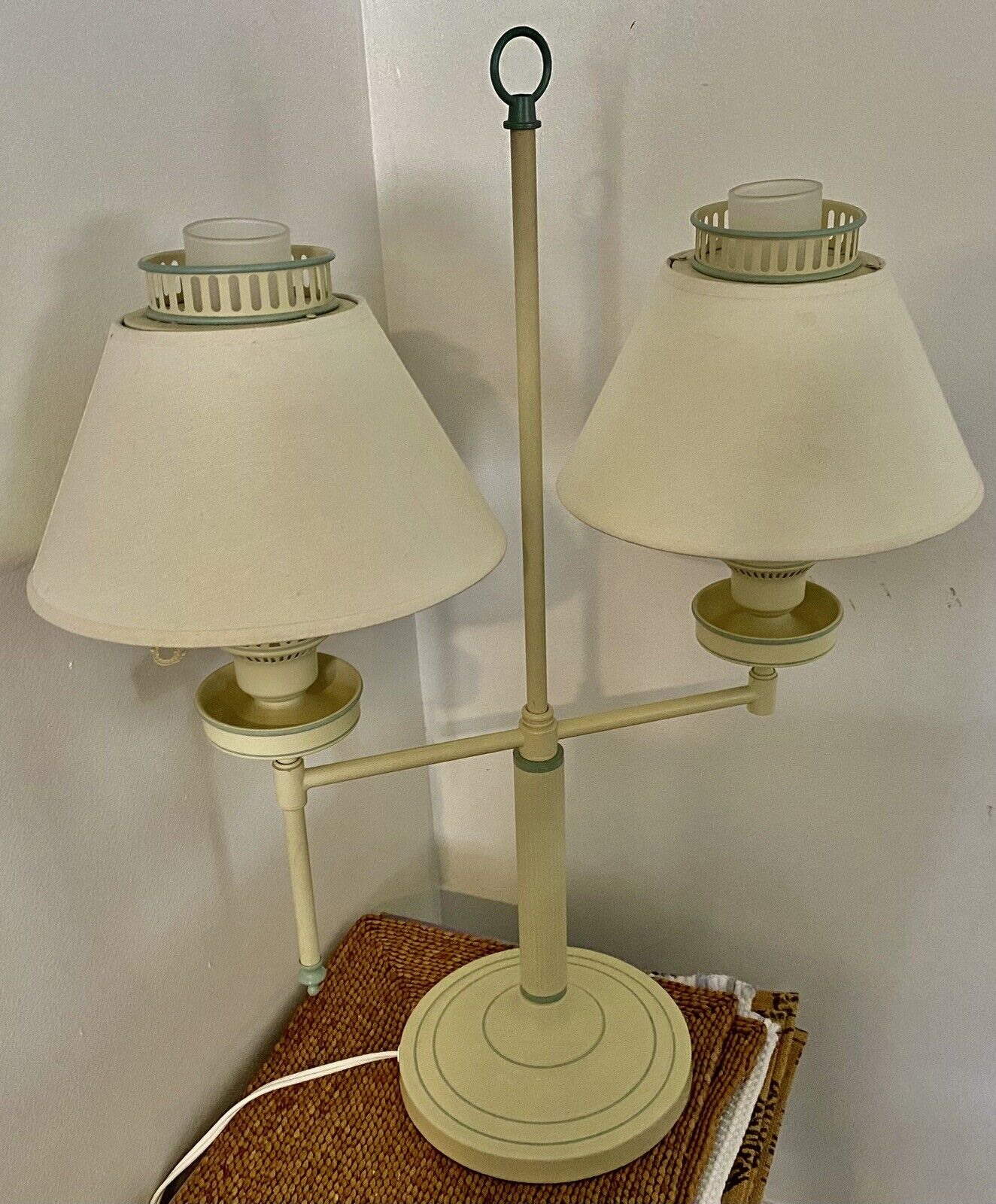 Double Arm Tole Table Lamp, Cream & Light Blue, MCM At It’s Finest