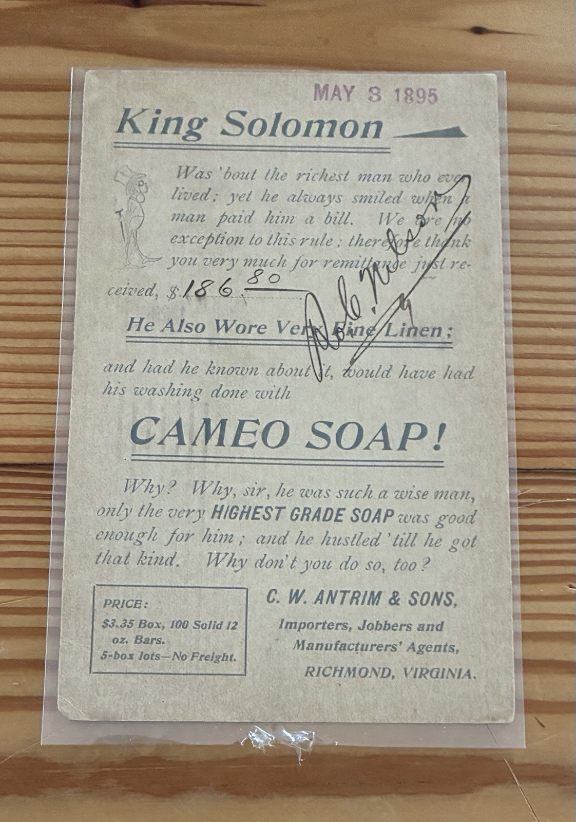 1895 Antique Advertising Postal Card Cameo Soap C.W. Antrim Richmond VA 