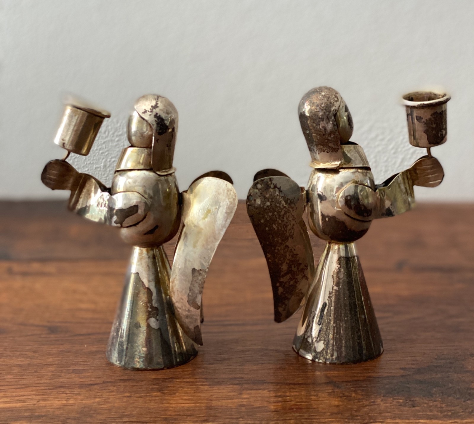 Vintage Modern Silverplated Pair of Angel Candleholders Tarnished