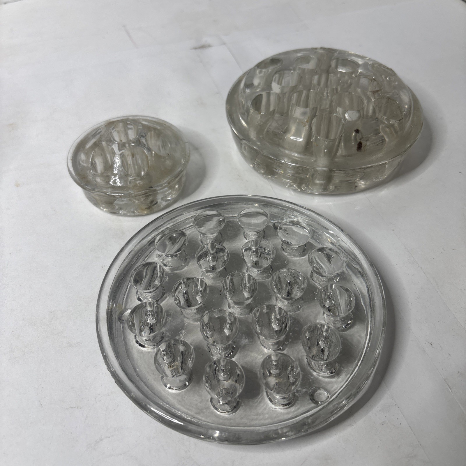 3 Vintage Clear Glass Flower Frogs 19 Hole 7 Hole  13 Hole Garden Vase Floral