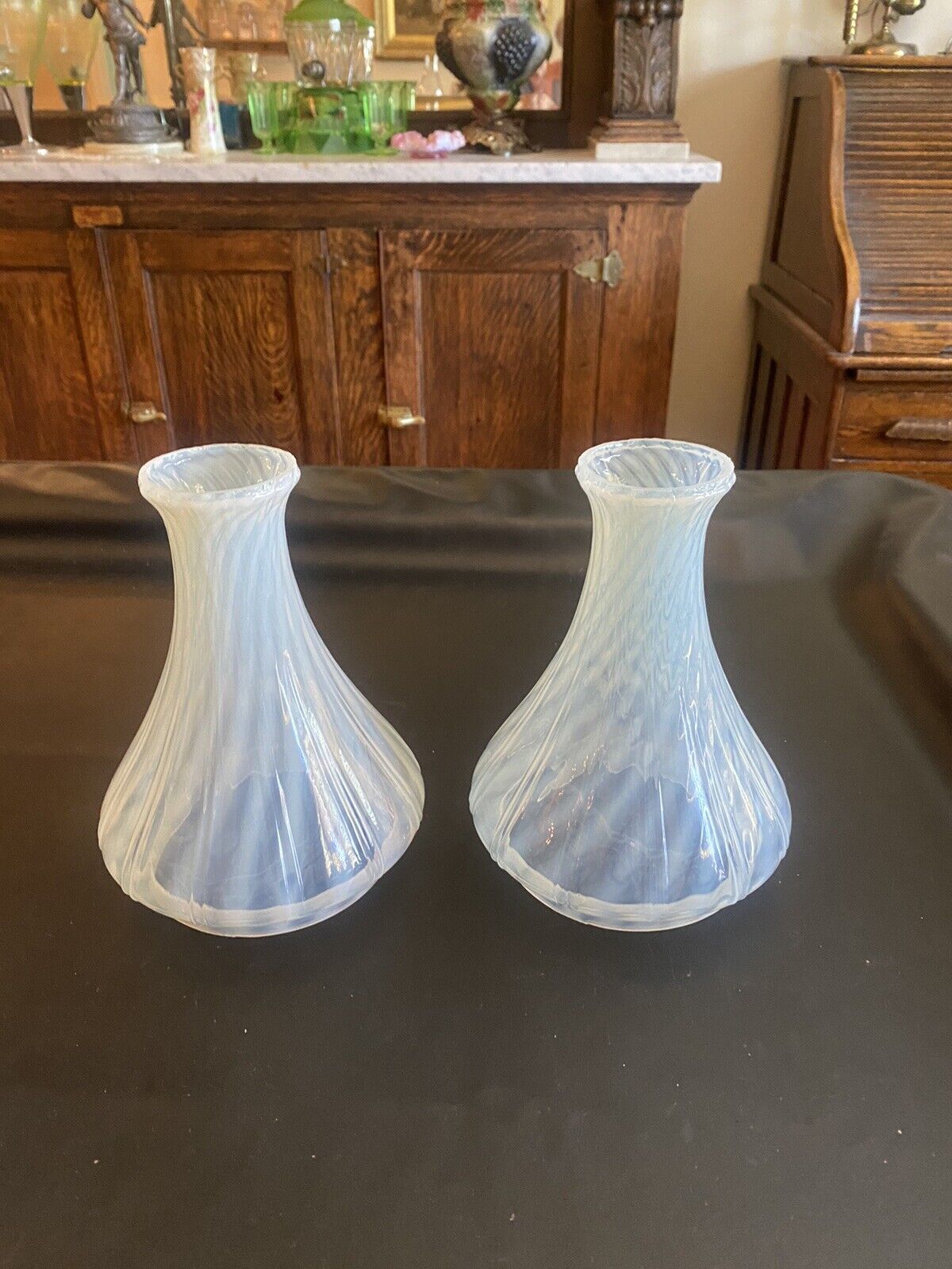 Pair of antique opalescent swirl angle lamp shades