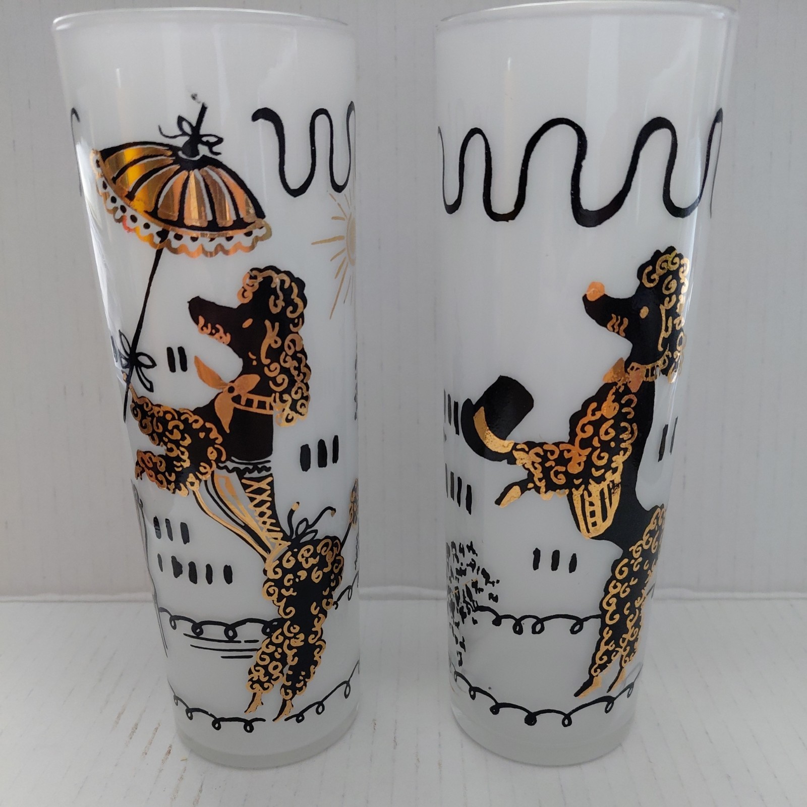 VTG Libbey Maida Armour Cocktail Glasses MCM Set French Poodle Gold Barware VTG Libbey Maida Armour Cocktail Glasses MCM Set French Poodle Gold Barware