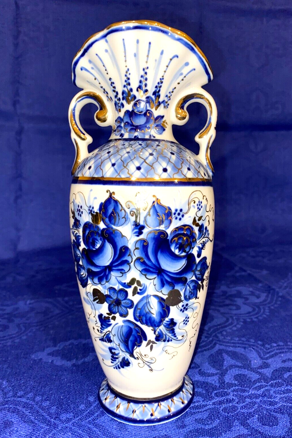 Gzhel Porcelain Floral Vase, 9.5\