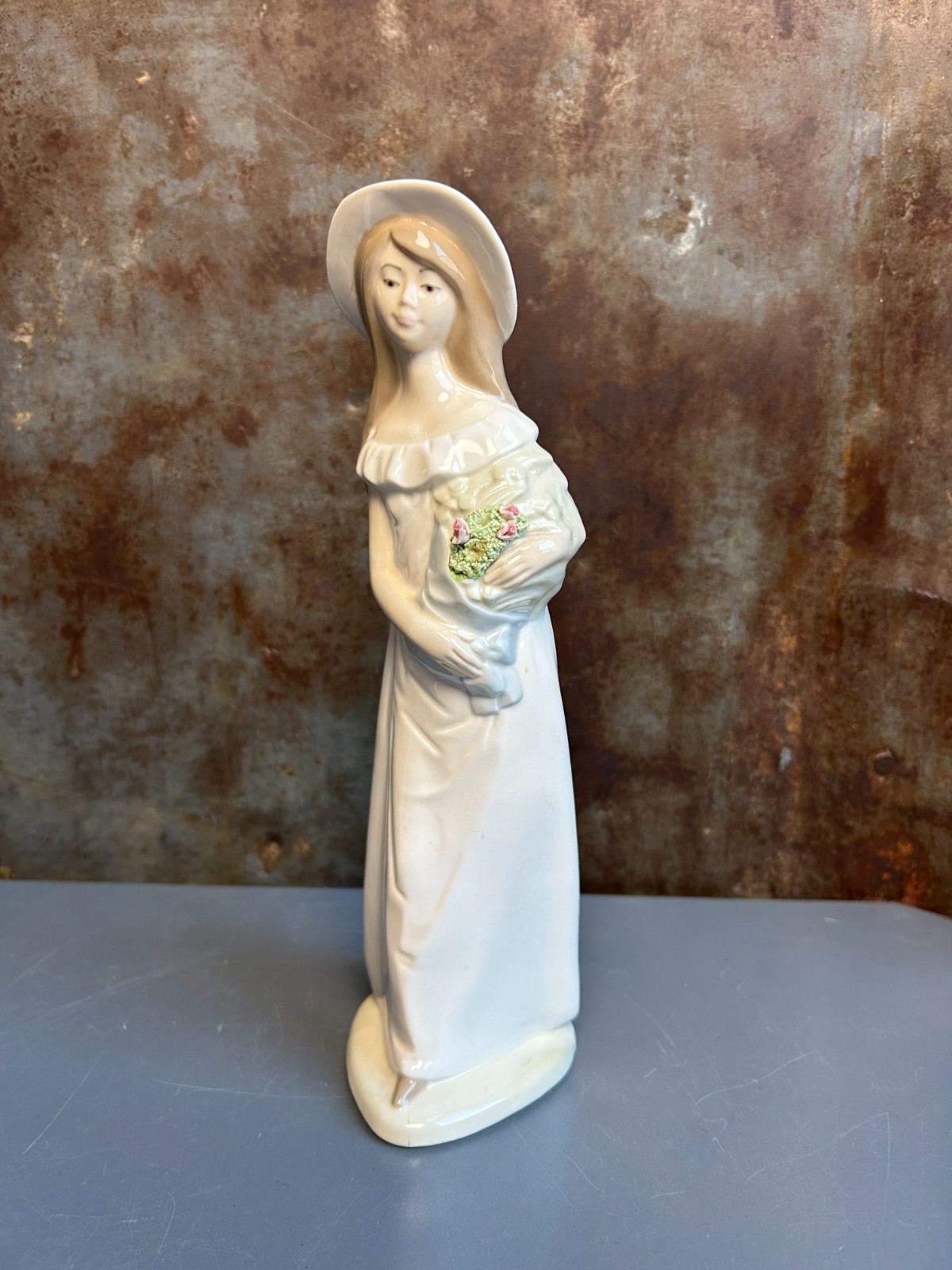 Vintage Mirmasu Porcelain Figurine, Woman Holding Flowers