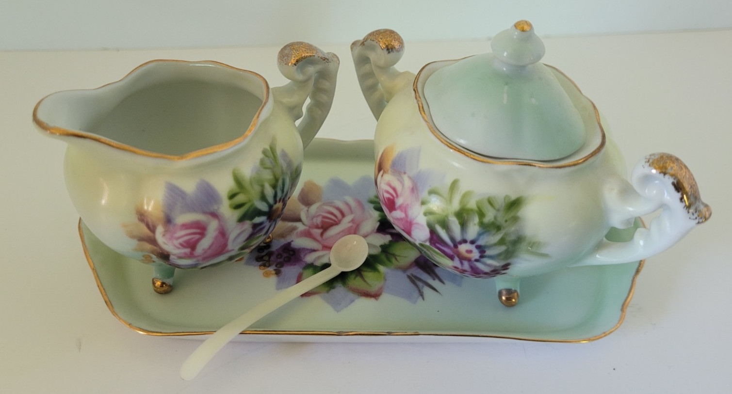 Lefton China Mini Cream and Sugar Set With Tray and Spoon Heritage Rose Japan