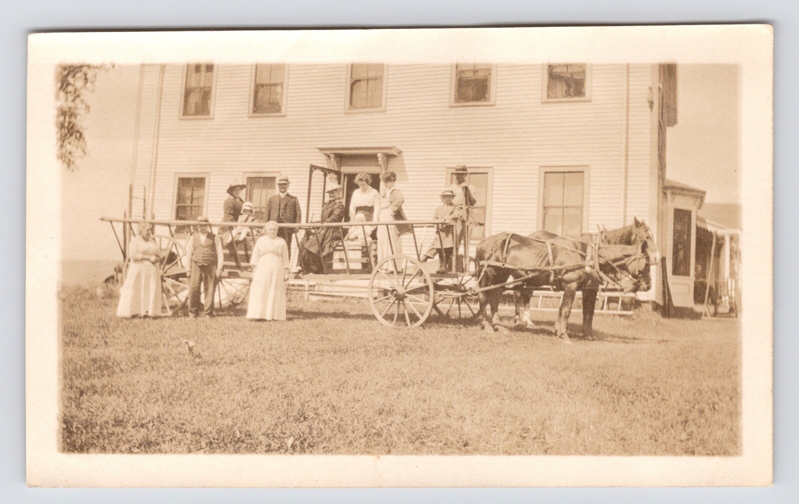 Long Stage Coach Horses Big Family Outing House Pre-War Era c1910s Antique Photo