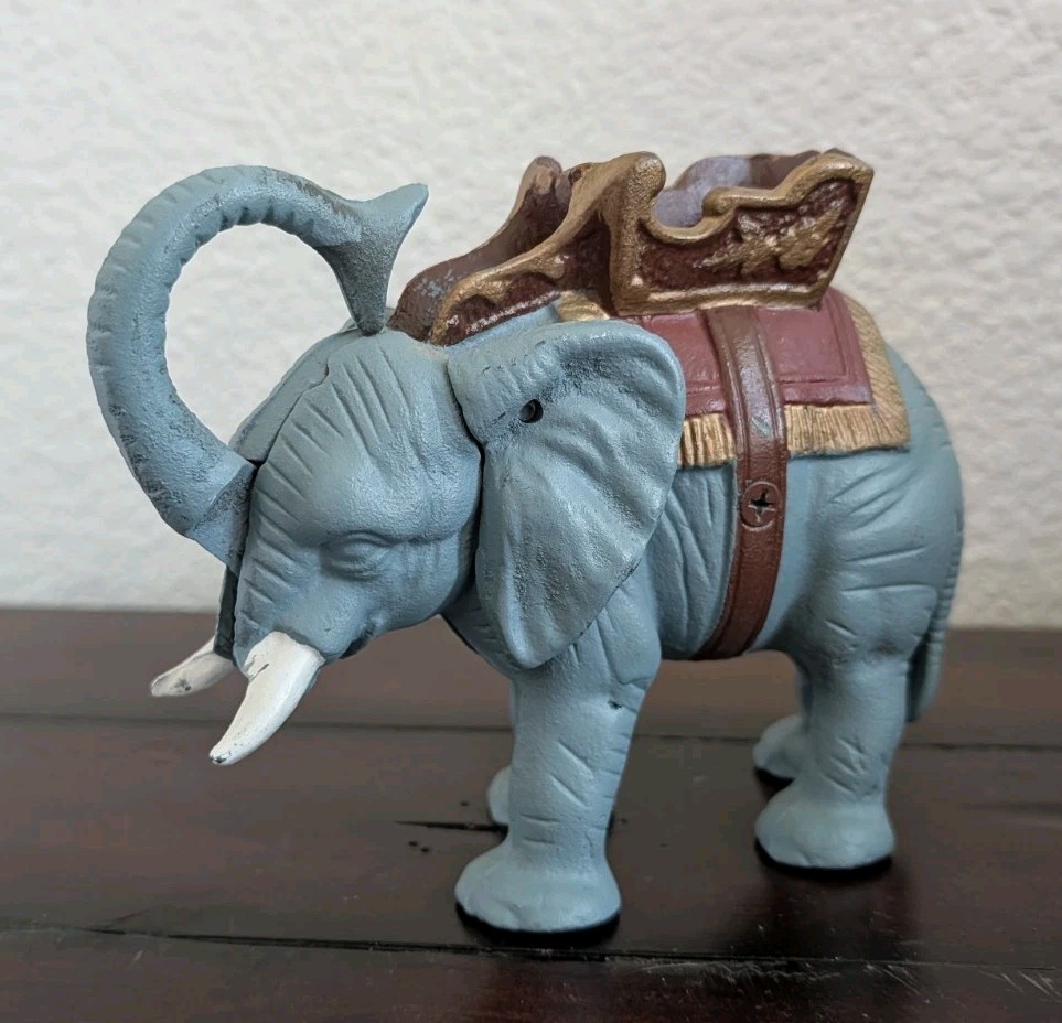 Vintage Cast Iron Elephant Mechanical Coin Bank Trunk Up Howdah Saddle Figurine