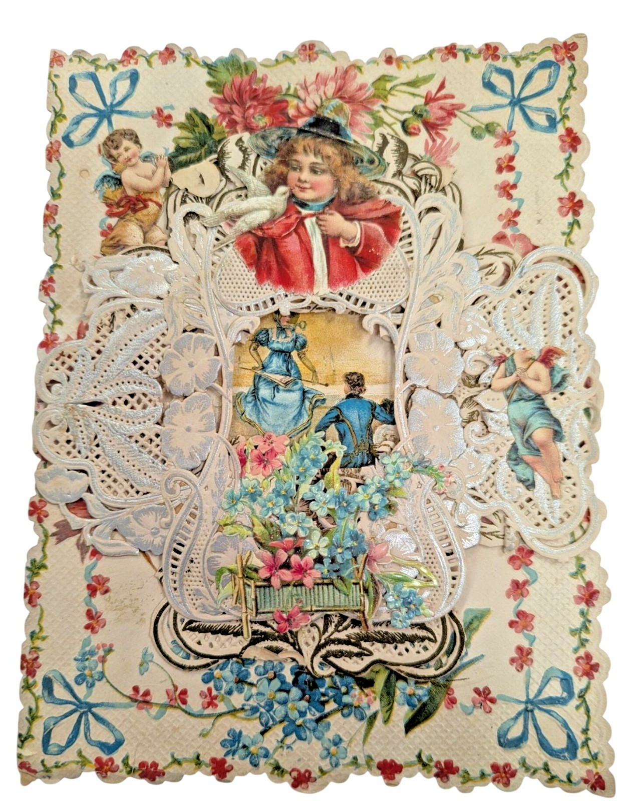 Vintage 1910 Valentine Day Card Paper Lace Cherub Flower The Woods are Gay Note Vintage 1910 Valentine Day Card Paper Lace Cherub Flower The Woods are Gay Note