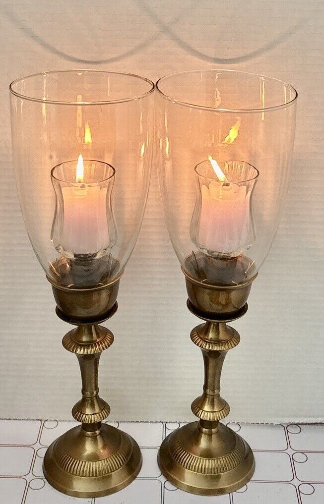 Set Of 2 Vintage Brass Hurricane Candle Holder Lamps From India