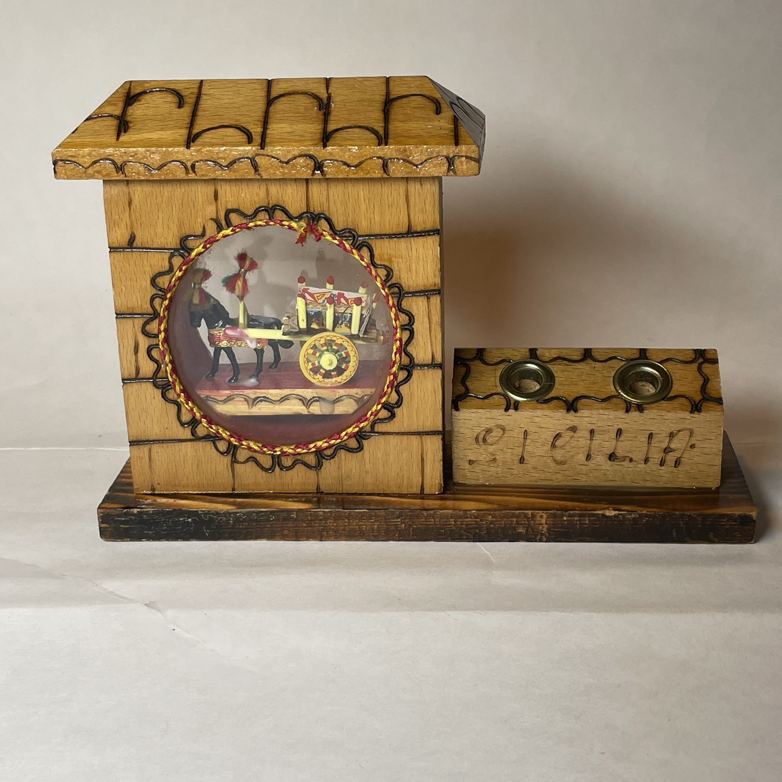 Rare Sicilia Handmade Pencil/Pen Holder Vintage Italian Folk Art Cart & Horse