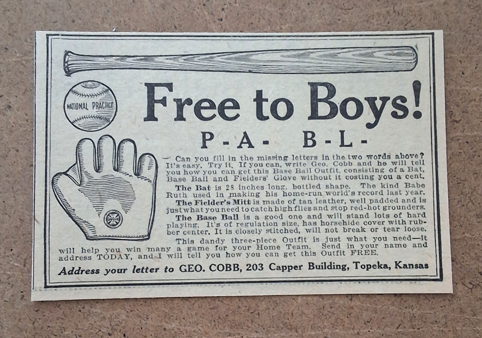 Antique Vintage Baseball Bat Ball Glove - 1921 AD Free To Boys Geo. Cobb