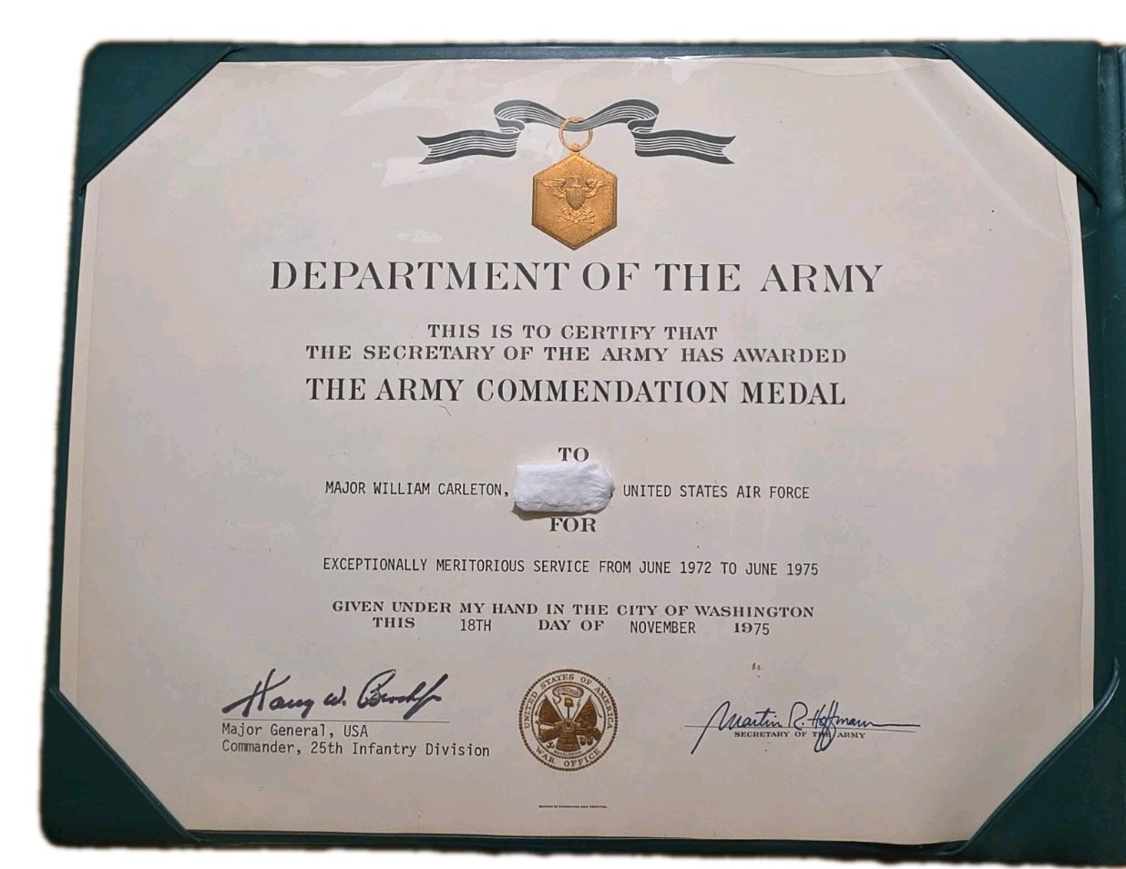 1975 Army Commendation Medal Citation USAF Major Carleton 25th Inf Division