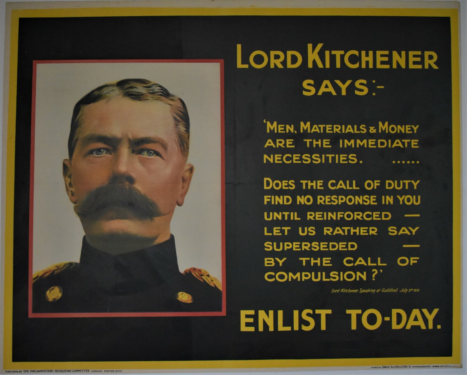 Original British Great War Recruiting poster 1915, Lord Kitchener Says: Enlist..