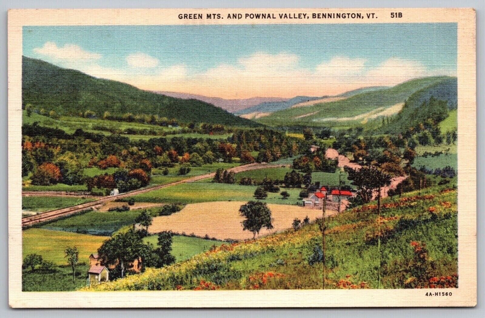 Bennington Vermont Green Mountains & Pownal Valley Scenic Linen Postcard