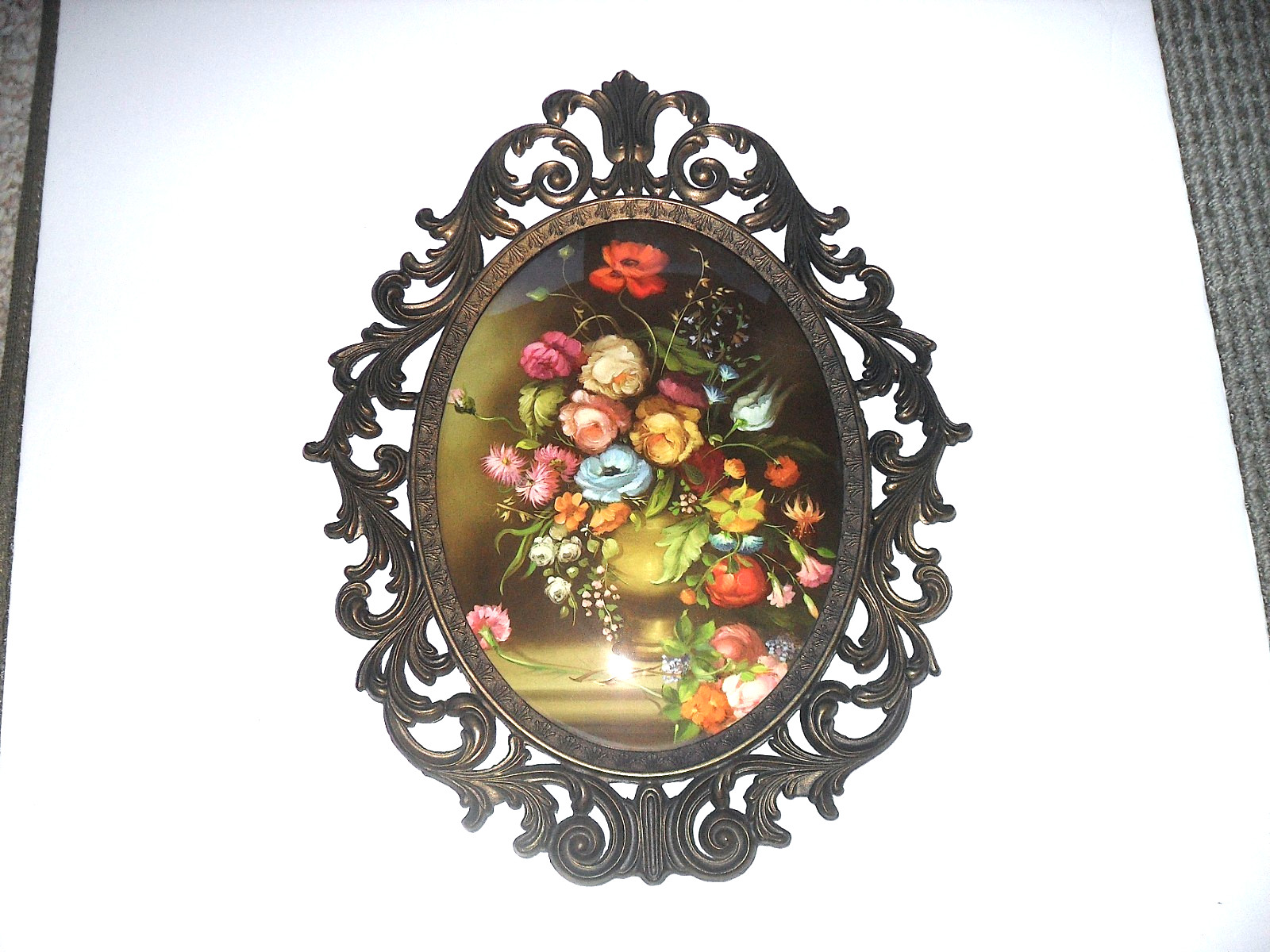 Vtg Italian Metal Framed Floral Oval Print Convex Bubble Glass Italy 