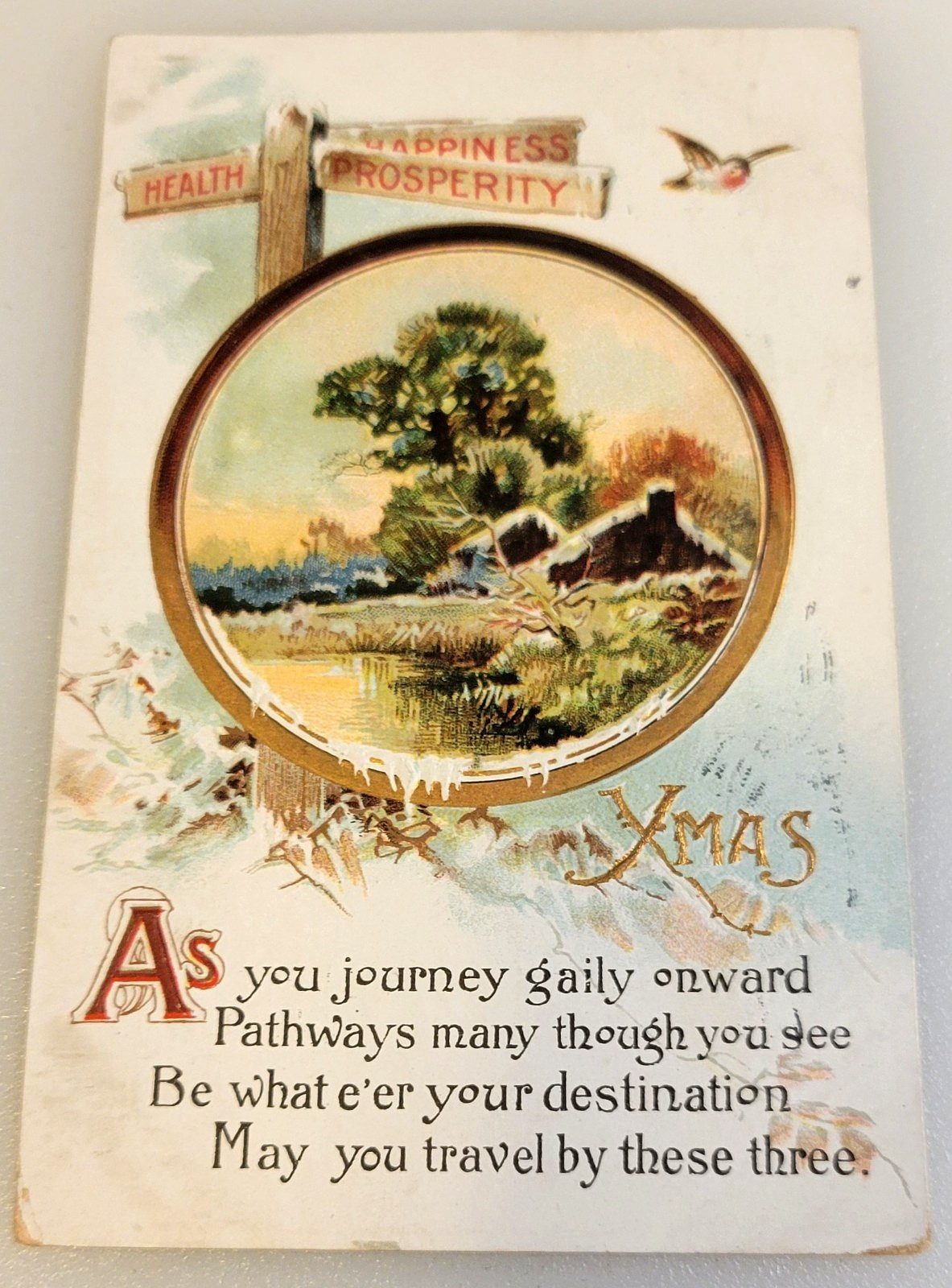 XMAS (Original Circa 1910 ANTIQUE) Christmas HOLIDAY Winter Lake Scene POST CARD