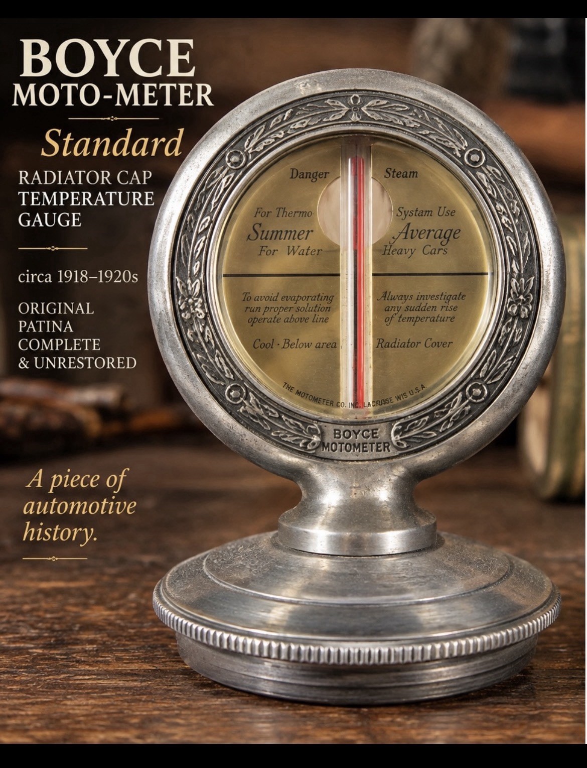 Vintage Boyce Moto-Meter Standard Radiator Cap Temperature Gauge Antique Auto