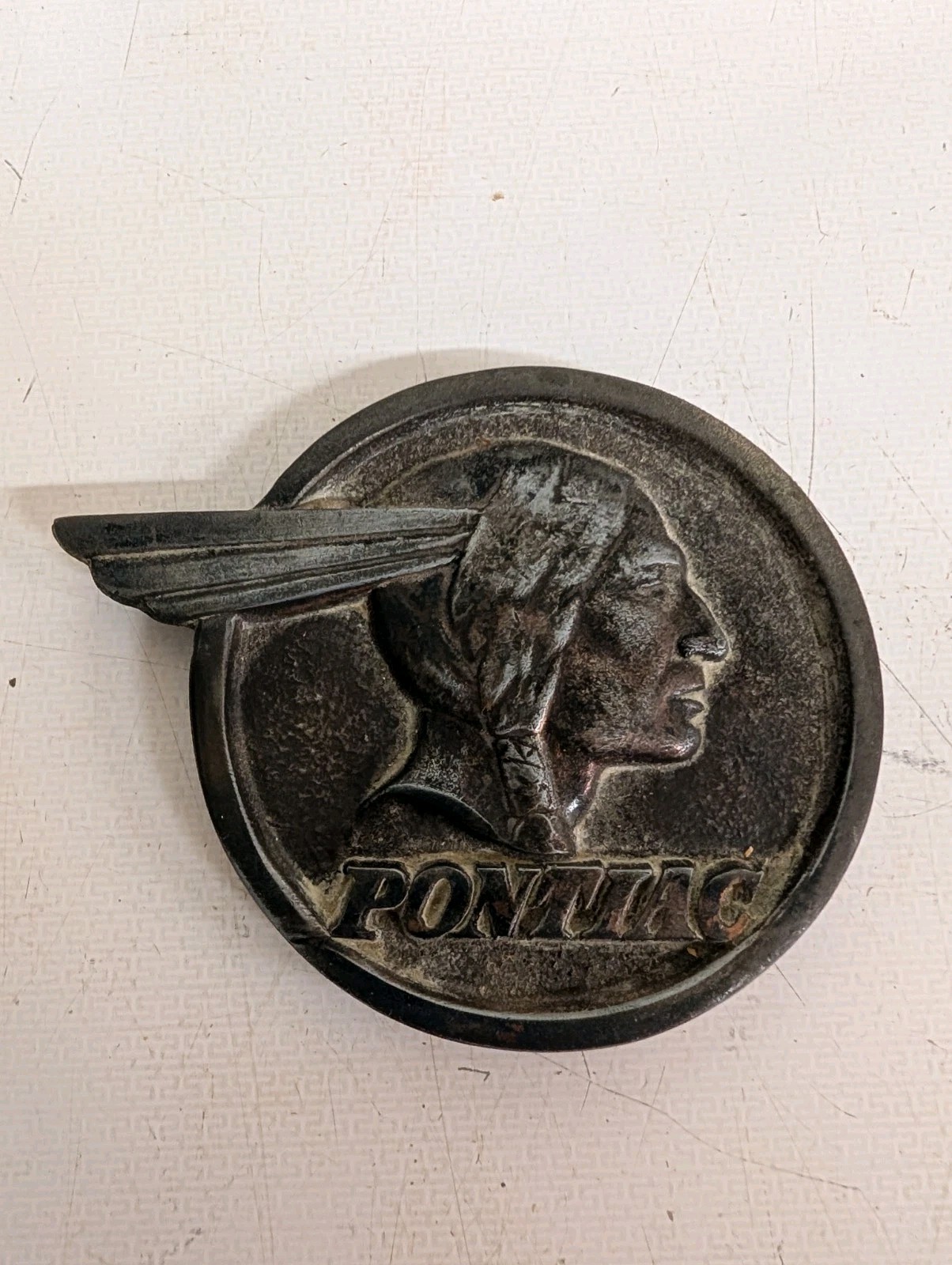 Vintage Heavy Metal Pontiac Indian Head Logo Advertising Paperweight