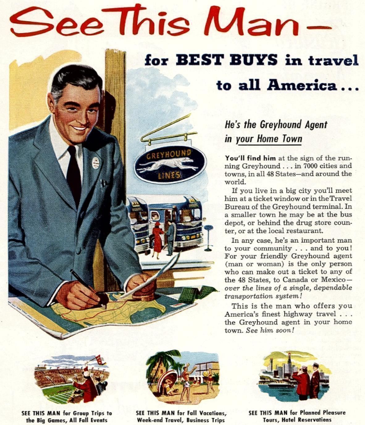 1940s GREYHOUND BUS LINES BEST BUYS IN TRAVEL TO ALL AMERICA MAGAZINE AD 27-28