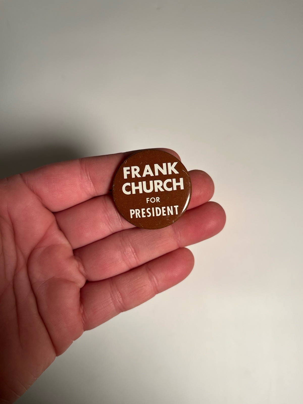 Vntg 1970s Frank Church For President Button Pin Political Brown Metal 