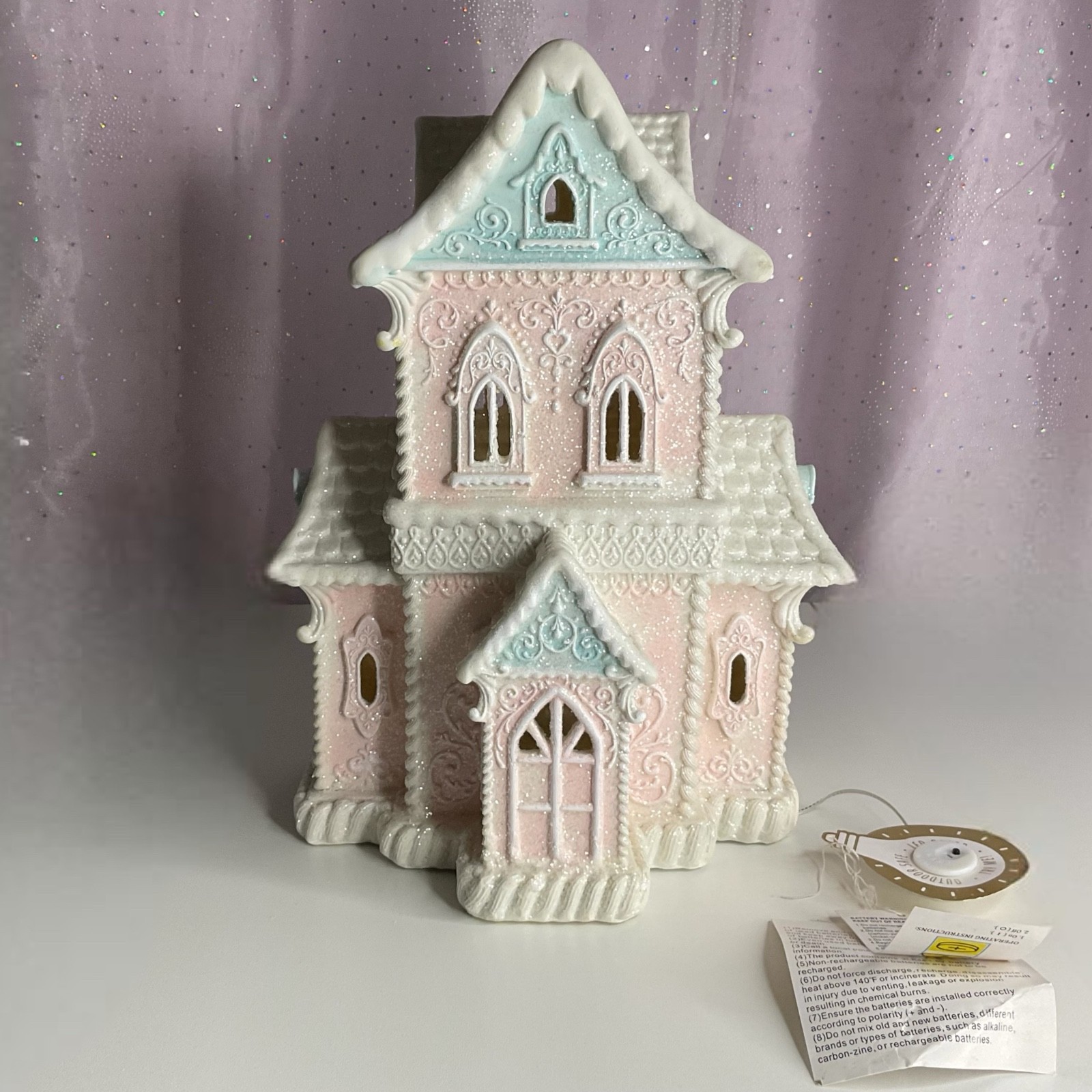 Christmas LED 14”Gingerbread Victorian House W/Beautiful Lace Swirls Frosted NEW