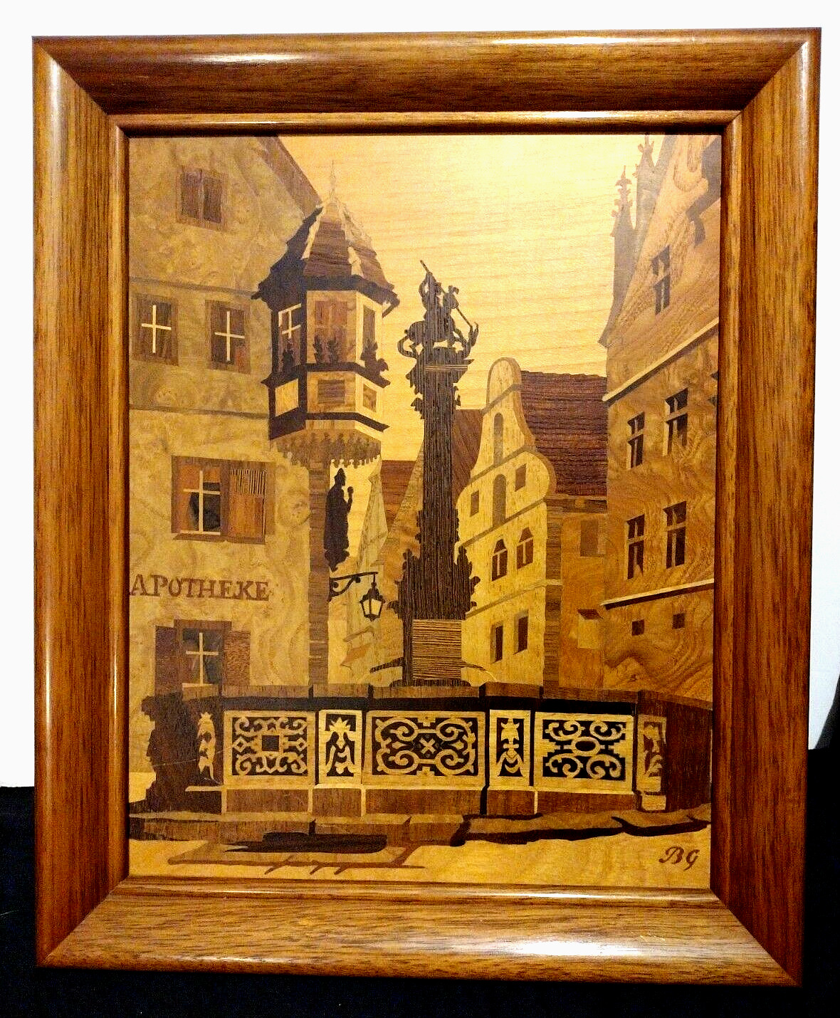 Buchschmid & Gretaux German Marquetry Framed Wood Inlay 'St. George's Fountain'
