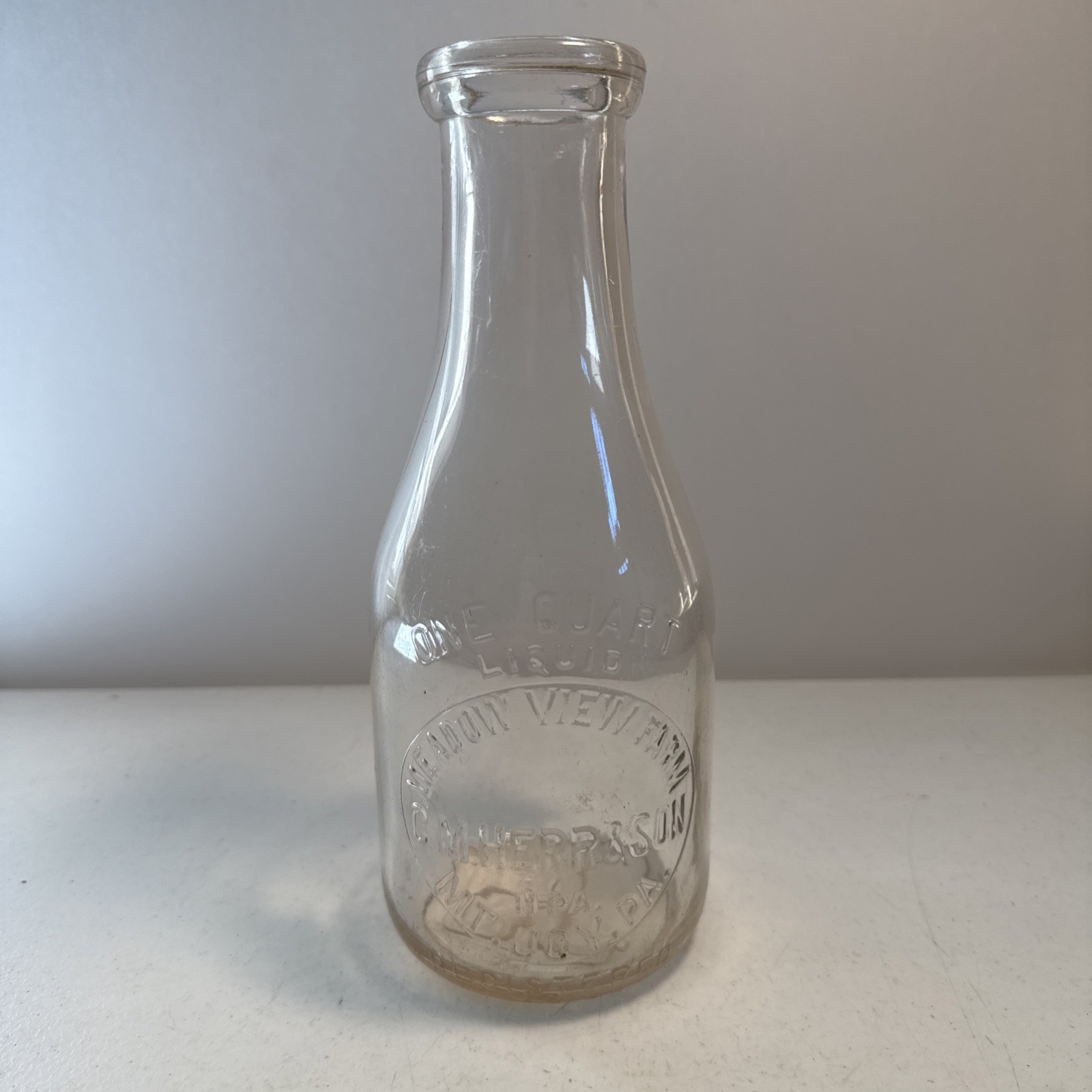 Vintage Meadow View Farm Dairy Mt. Joy, Pa C.M. Herr & Son 1 Quart Milk Bottle