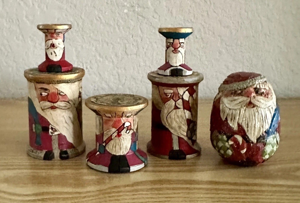 6 Pc Set Handmade Painted Santa Spools & 1 Hand Carved & Painted Egg Santa 6 Pc Set Handmade Painted Santa Spools & 1 Hand Carved & Painted Egg Santa