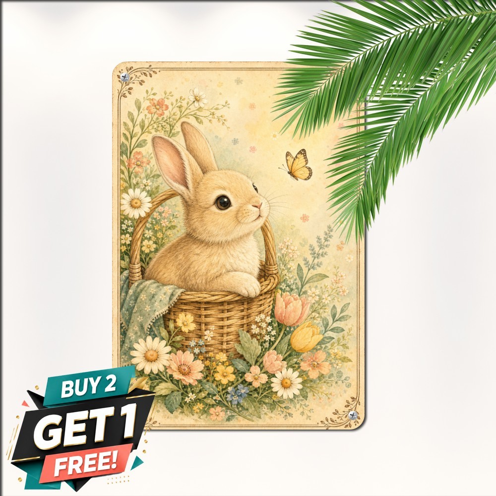 Springtime Rabbit Iron Art Plaque Charming Cottage Bunny Metal Tin Wall Decor